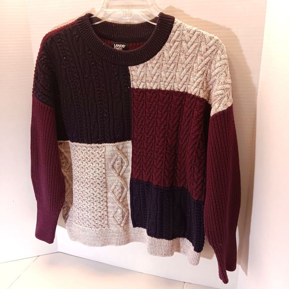 Lands End Sweater Mens S Colorblock Cable Knit Patchwork Grandpa Wool Blend - Picture 4 of 9